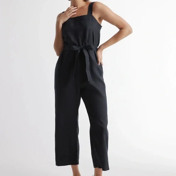 Quince Jumpsuit Womens Medium Black European Linen Square Neck Minimalist Sleek - Picture 2 of 13